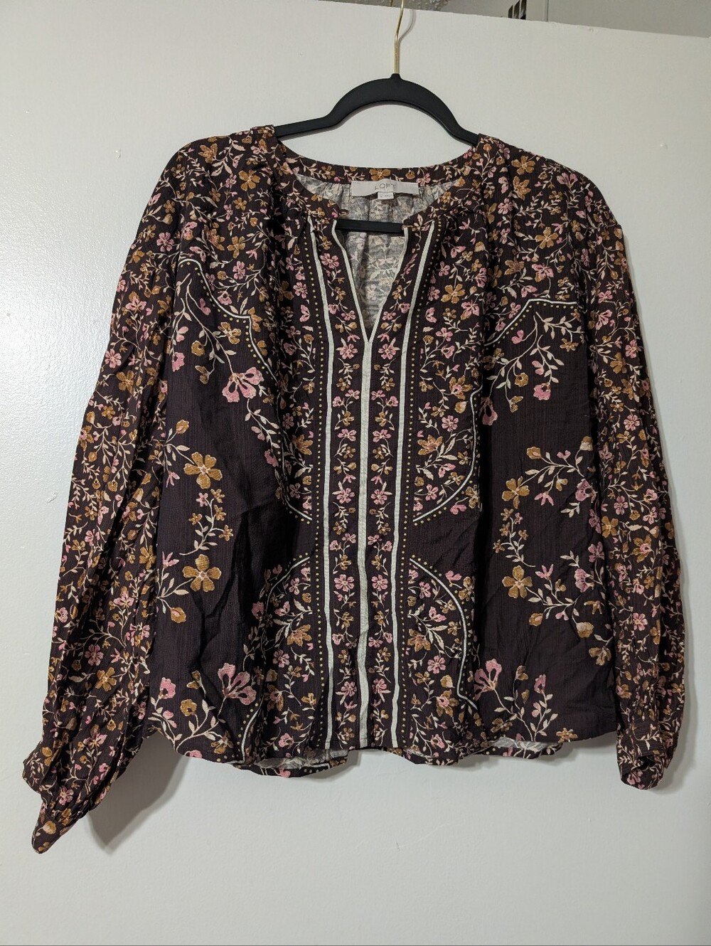 LOFT Floral Button-Front Blouse with Pink Accents